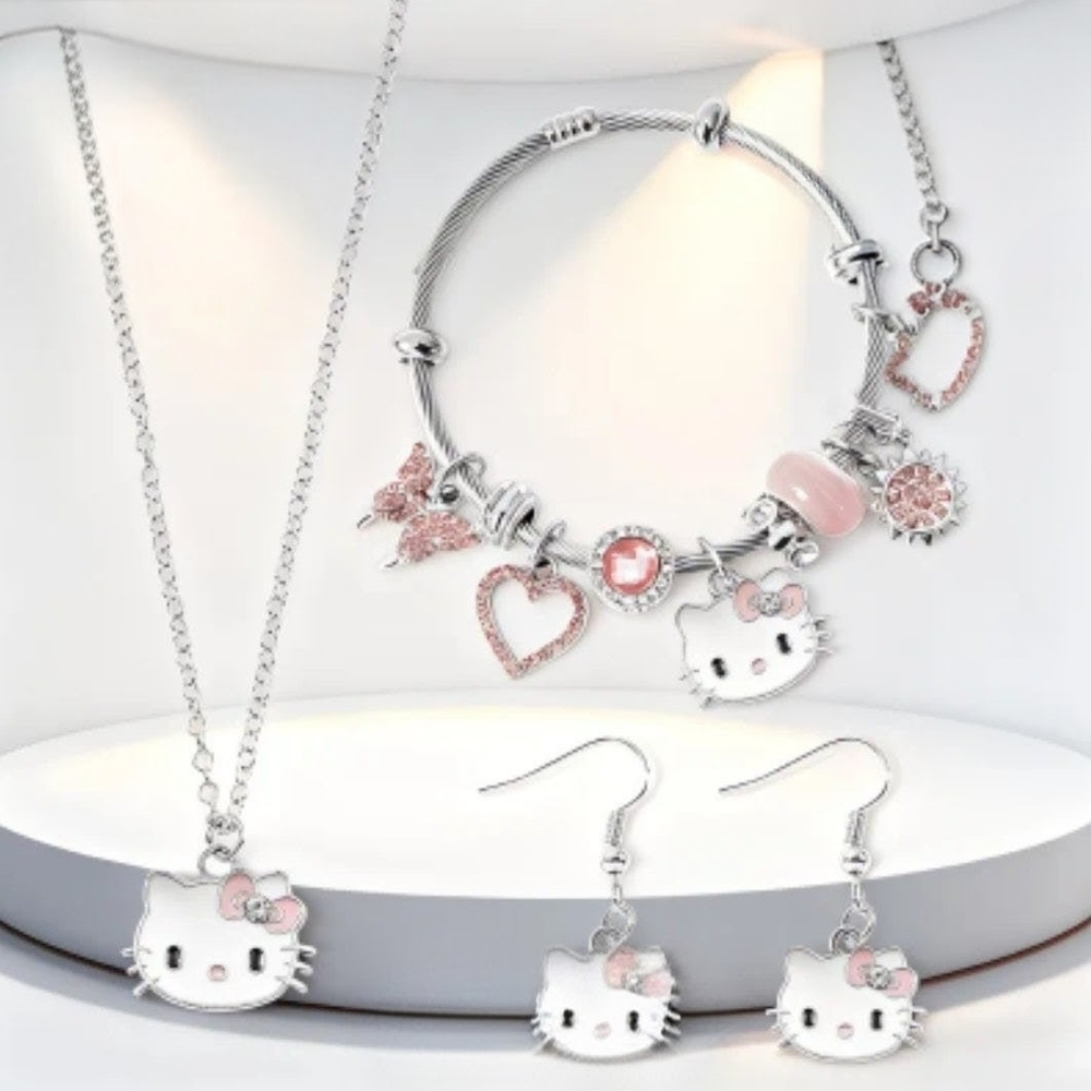 HELLO KITTY Sanrio Silver and Pink Charm Bracelet, Earrings and Necklace Set